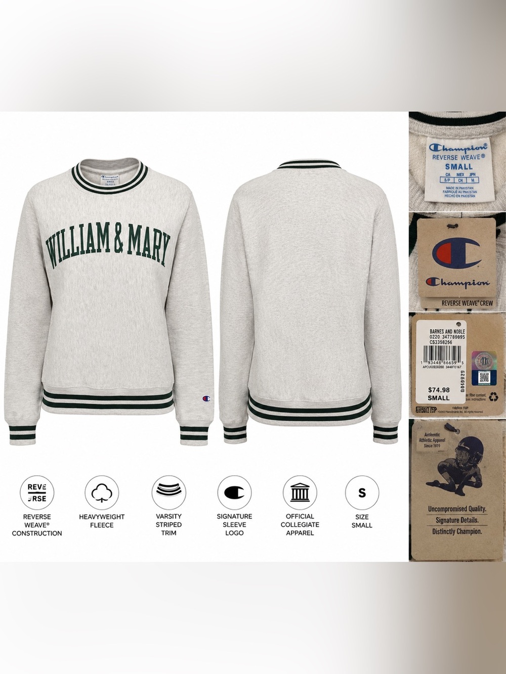 Champion Reverse Weave William & Mary Crewneck Sweatshirt Men’s Small NWT